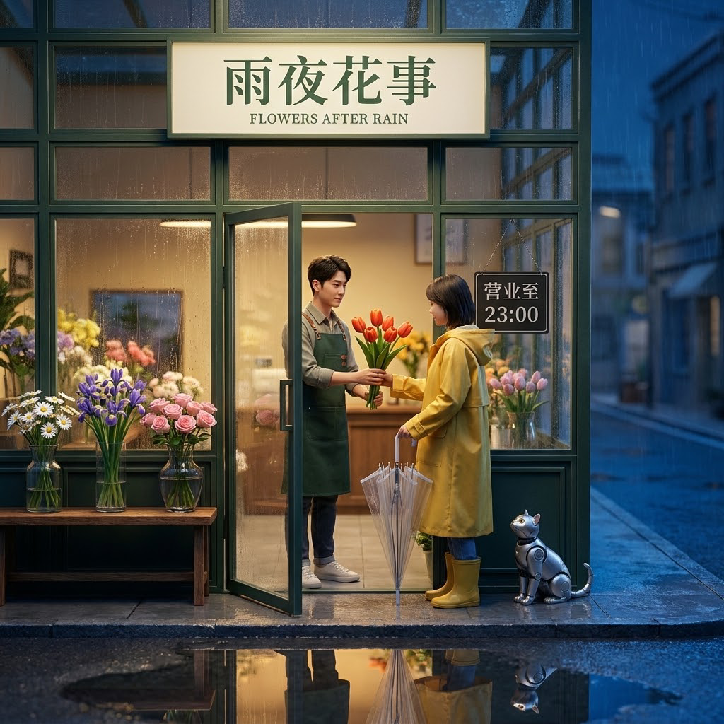 Banana Pro sample: a flower shop on a rainy night with Chinese signs and reflections