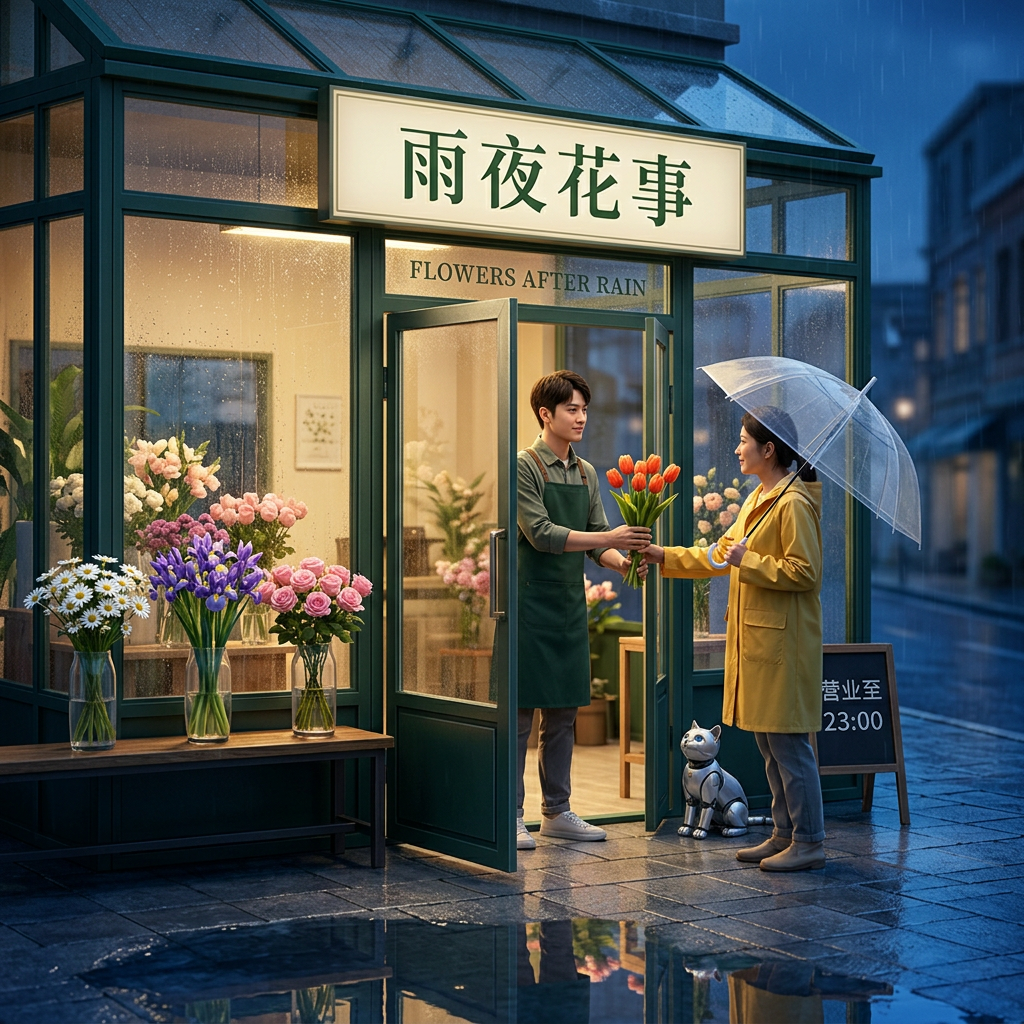 Banana 2 sample: a flower shop on a rainy night with Chinese signs and reflections