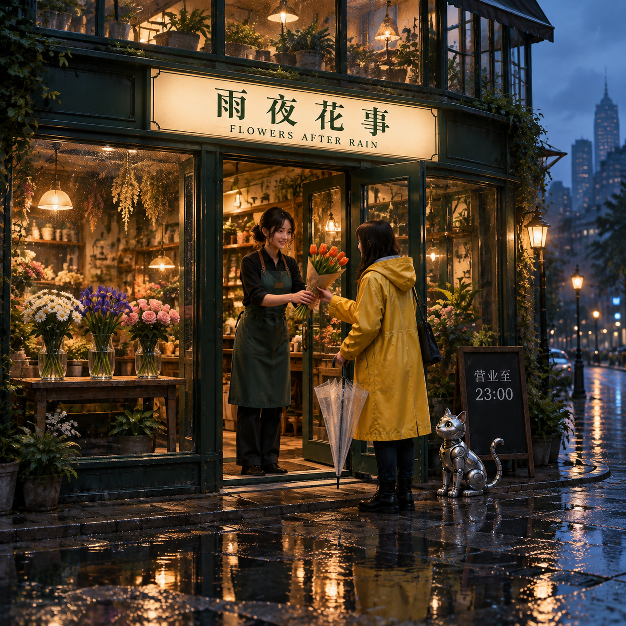 GPT Image 2 sample: a flower shop on a rainy night with Chinese signs and reflections