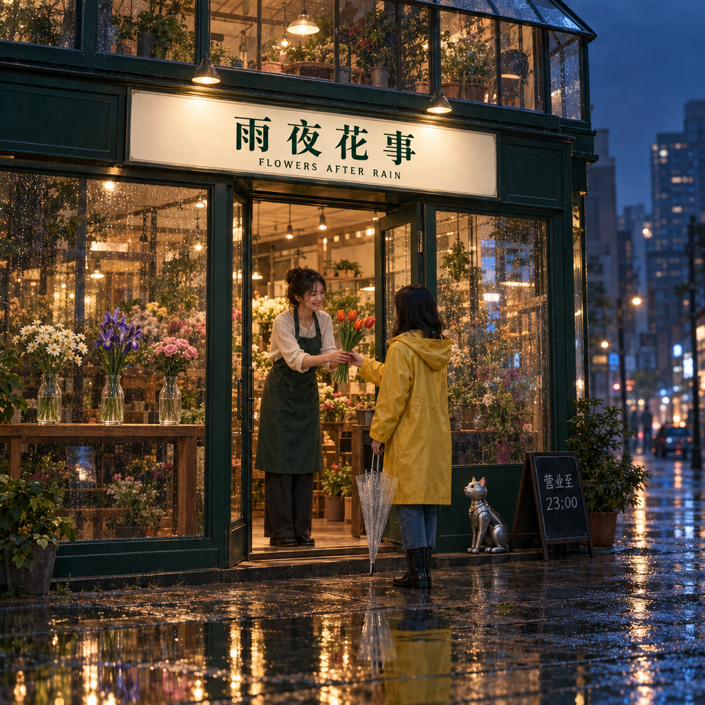GPT Image2.5 Flare sample: a flower shop on a rainy night with Chinese signs and reflections