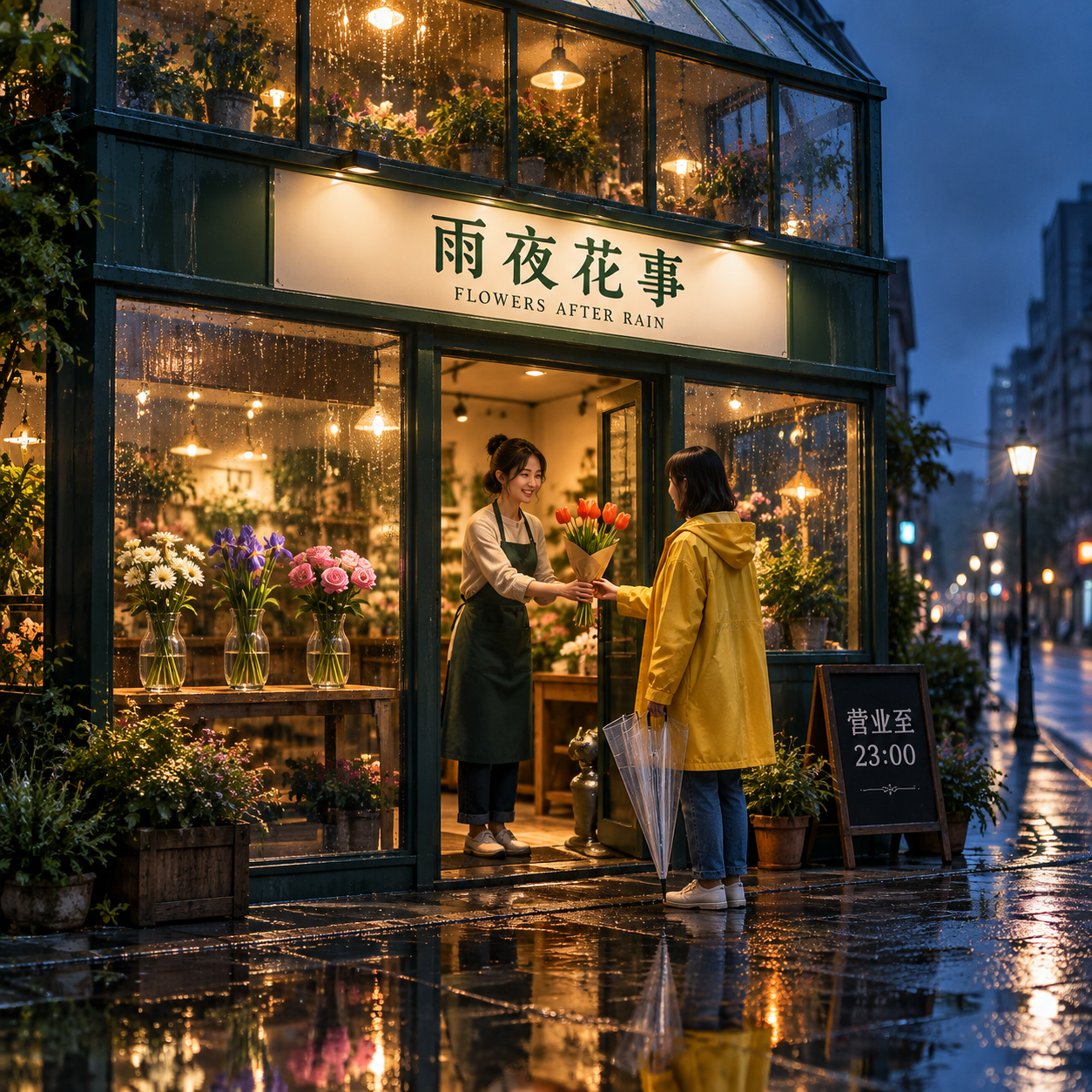 GPT Image2.5 Standard sample: a flower shop on a rainy night with Chinese signs and reflections