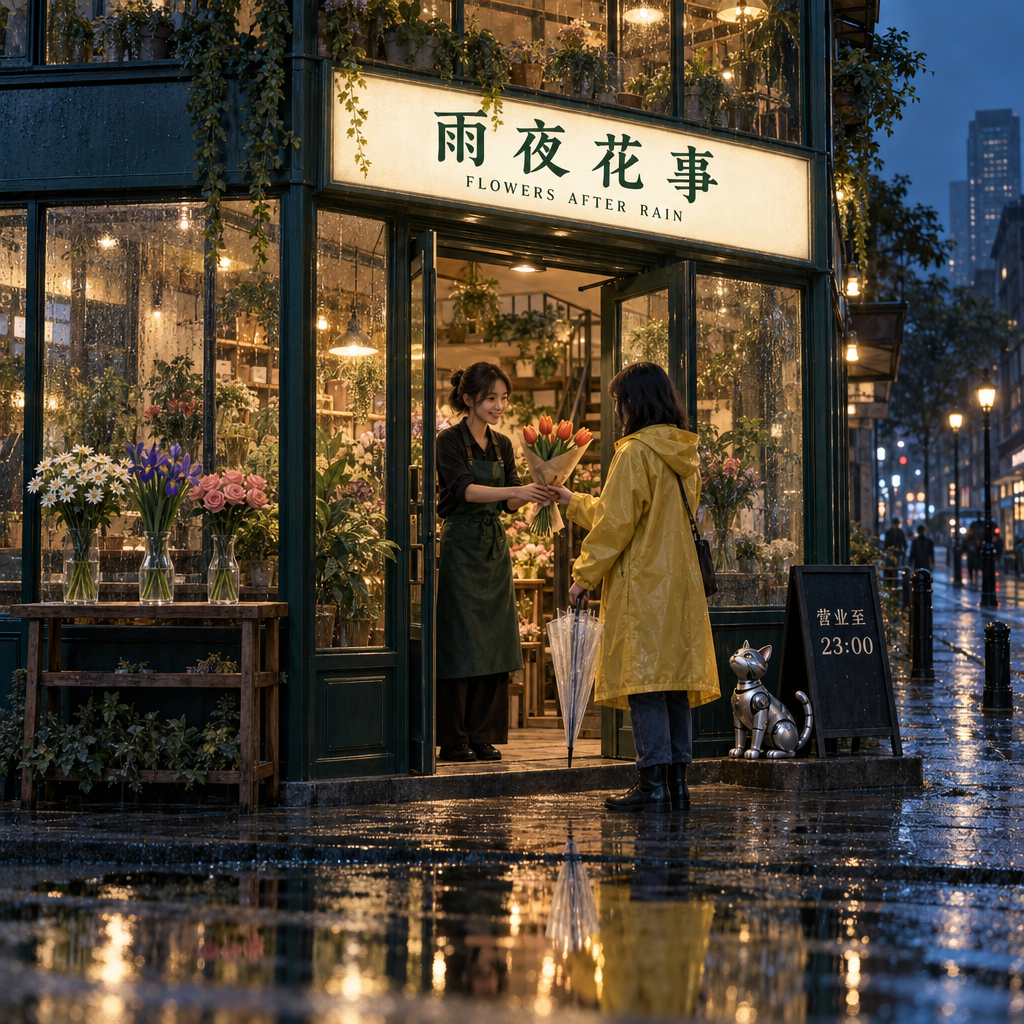 GPT Image2.5 Sunburst sample: a flower shop on a rainy night with Chinese signs and reflections