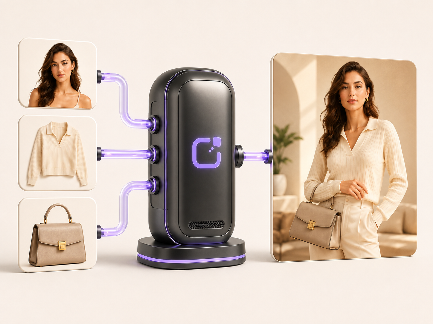 A reference-image workflow combining a person, clothing and accessories